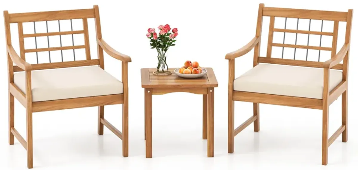 3 Piece Wood Patio Furniture Set with Seat Cushions and Acacia Wood Frame