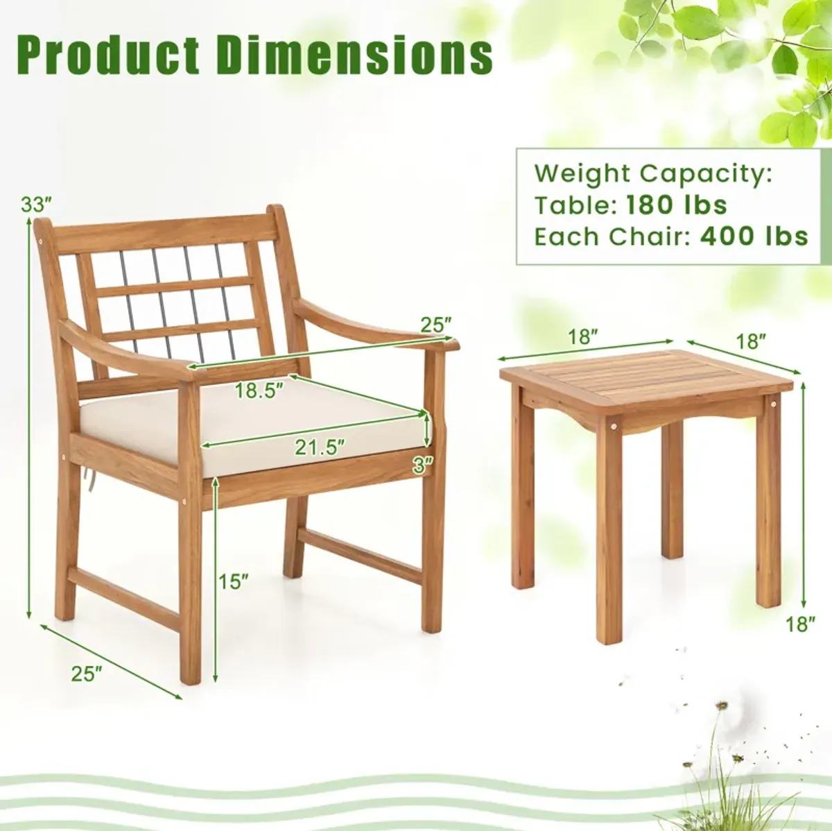 3 Piece Wood Patio Furniture Set with Seat Cushions and Acacia Wood Frame