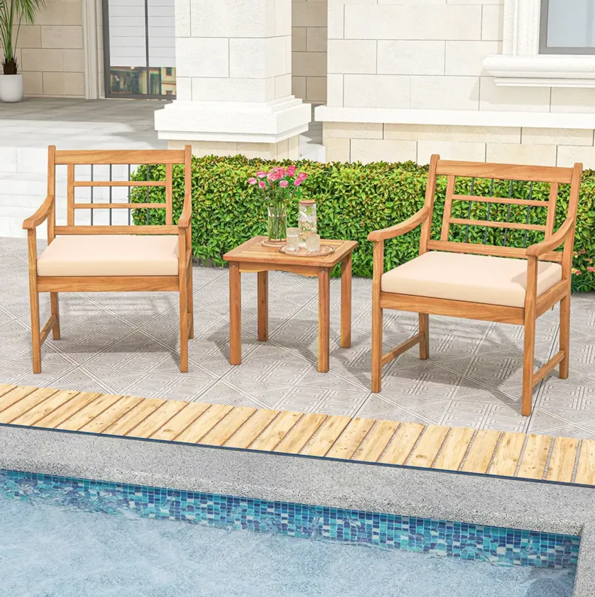 3 Piece Wood Patio Furniture Set with Seat Cushions and Acacia Wood Frame