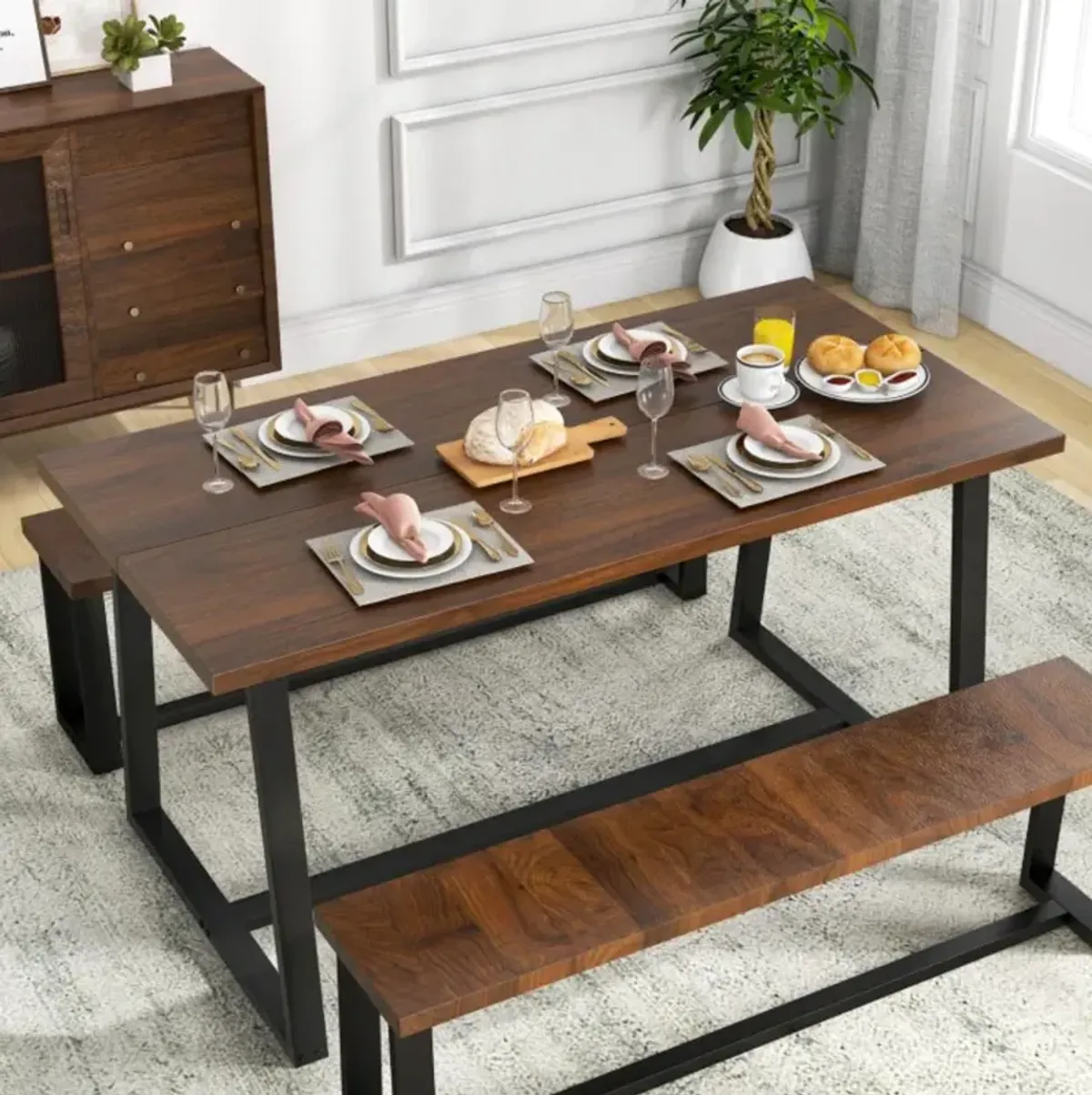 Hivvago Large Dining Table with Heavy-duty Metal Frame and Anti-slip Foot Pads