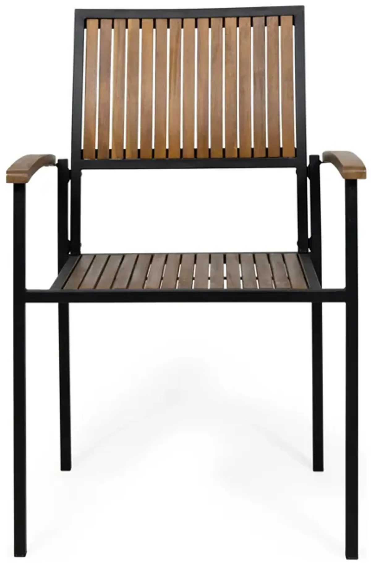 Side Dining Chair Set of 2, Outdoor Slatted Brown Acacia Wood, Black Iron - Benzara