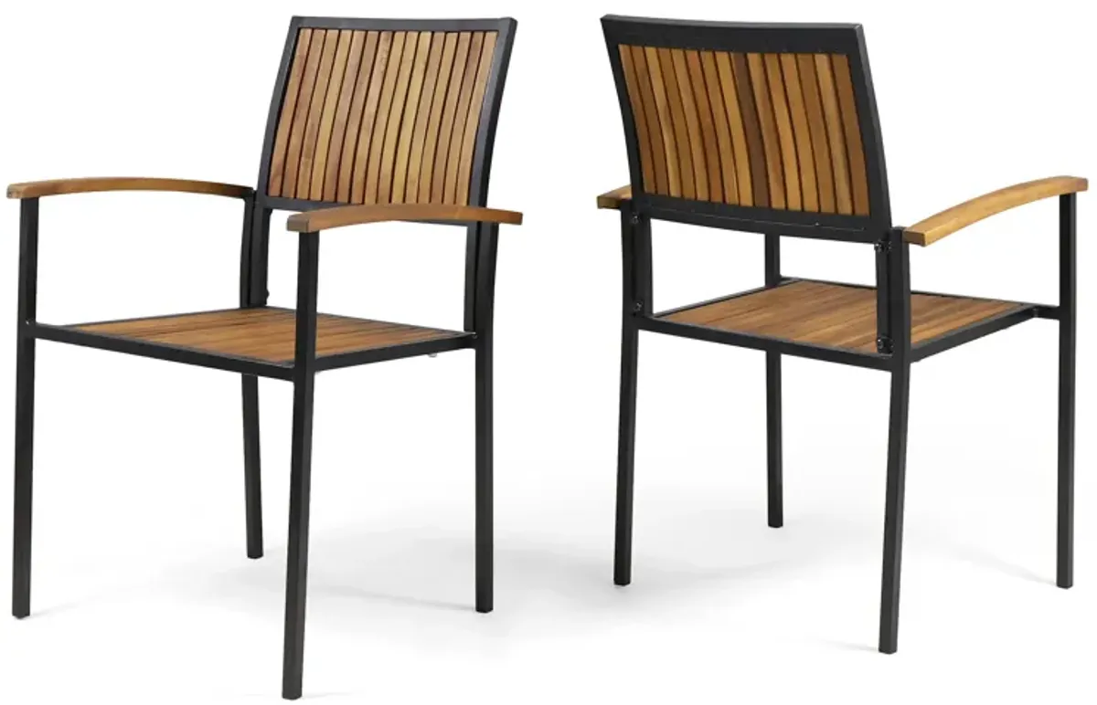 Side Dining Chair Set of 2, Outdoor Slatted Brown Acacia Wood, Black Iron - Benzara