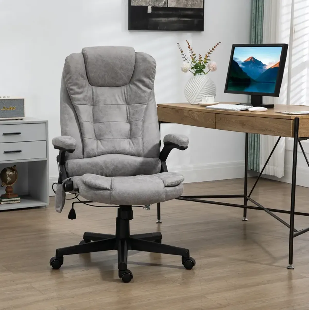 Gray Heated Vibrating Office Chair: Linen, High Back