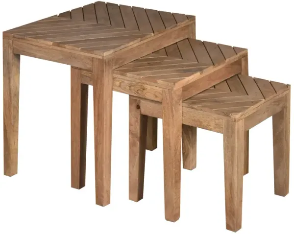 20, 17, 14 Inch 3 Piece Mango Wood Rectangular Nesting Table Set with Inlaid Herringbone Design, Natural Brown-Benzara