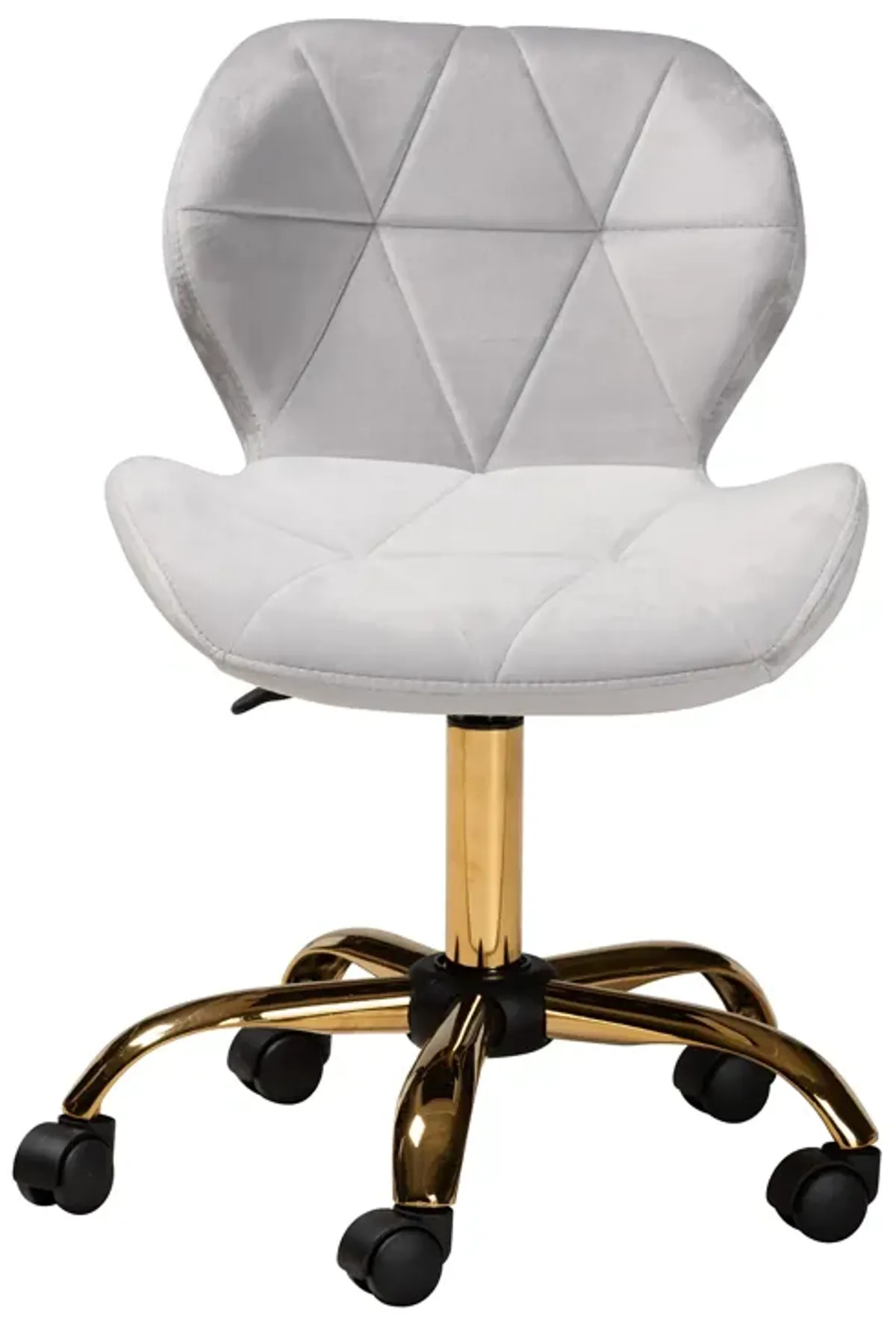 Baxton Studio Savara and Luxe Grey Velvet Fabric and Gold Metal Swivel Office Chair