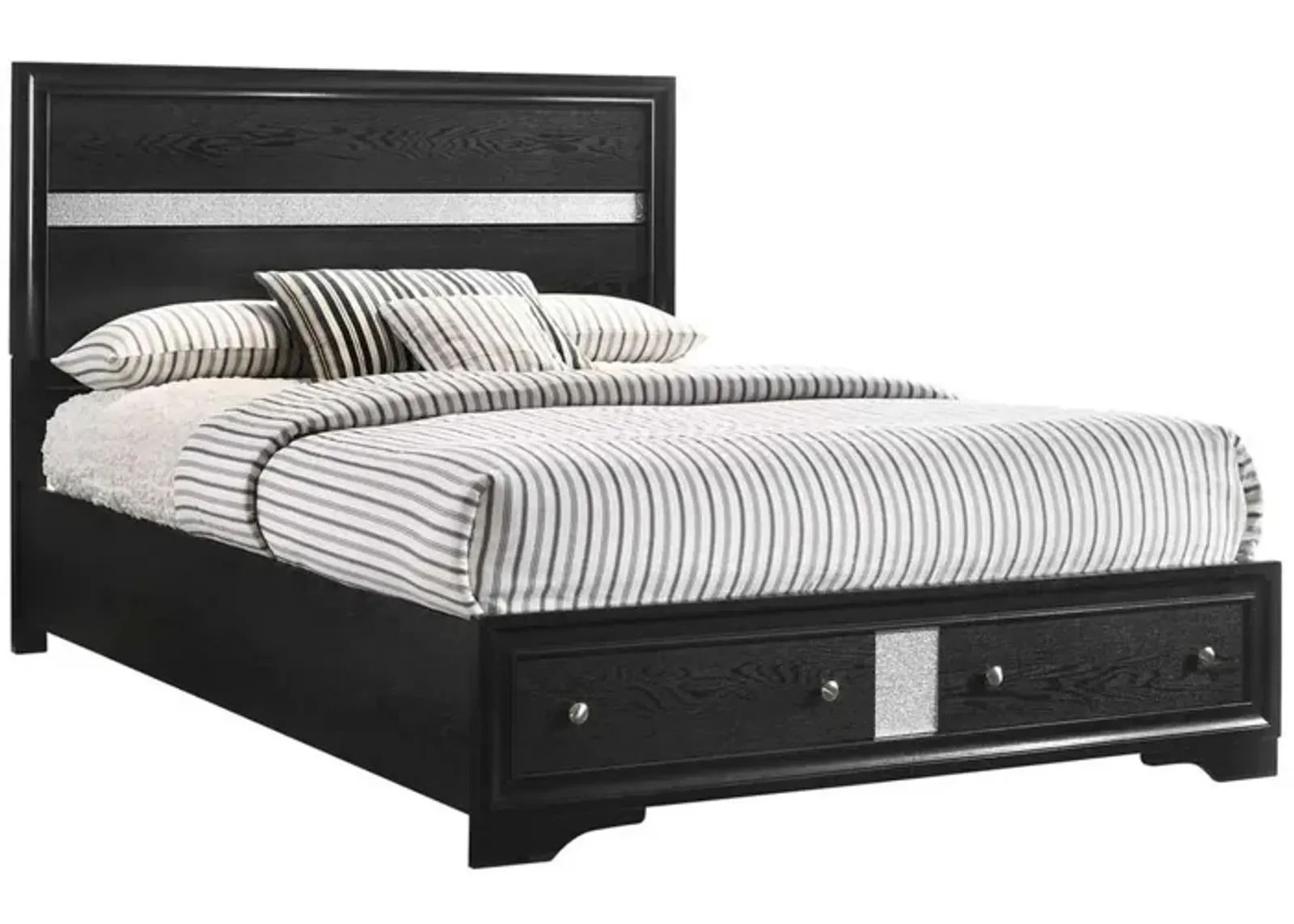 Benjara Regi King Size Bed, 2 Storage Drawers, Striped Headboard, Wood, Black and Silver