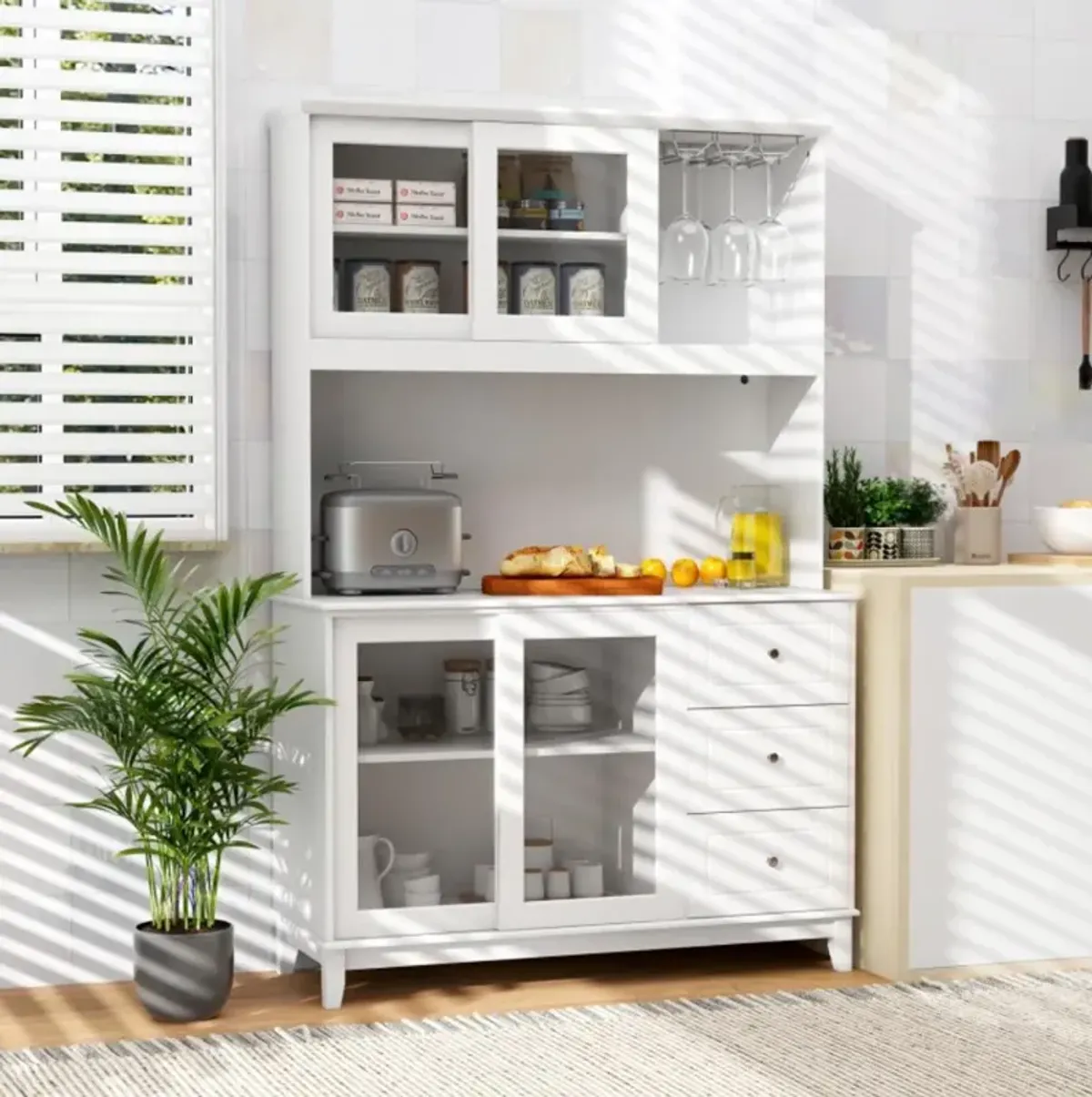 Hivvago Kitchen Pantry Storage Cabinet Kitchen Hutch with LED lights and Power Outlet