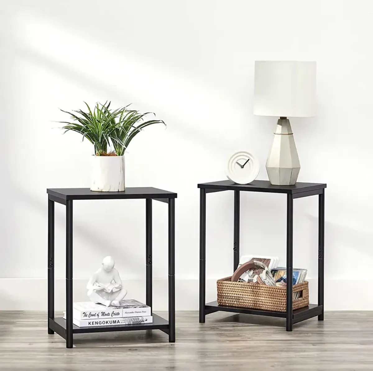 Steel Frame End Tables with Storage Shelf for Living Room and Bedroom- Set of 2