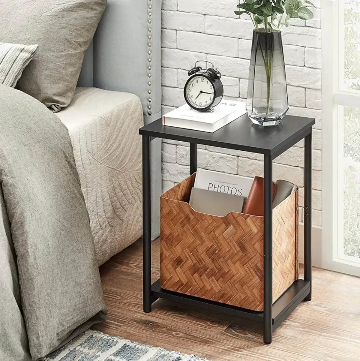 Steel Frame End Tables with Storage Shelf for Living Room and Bedroom- Set of 2