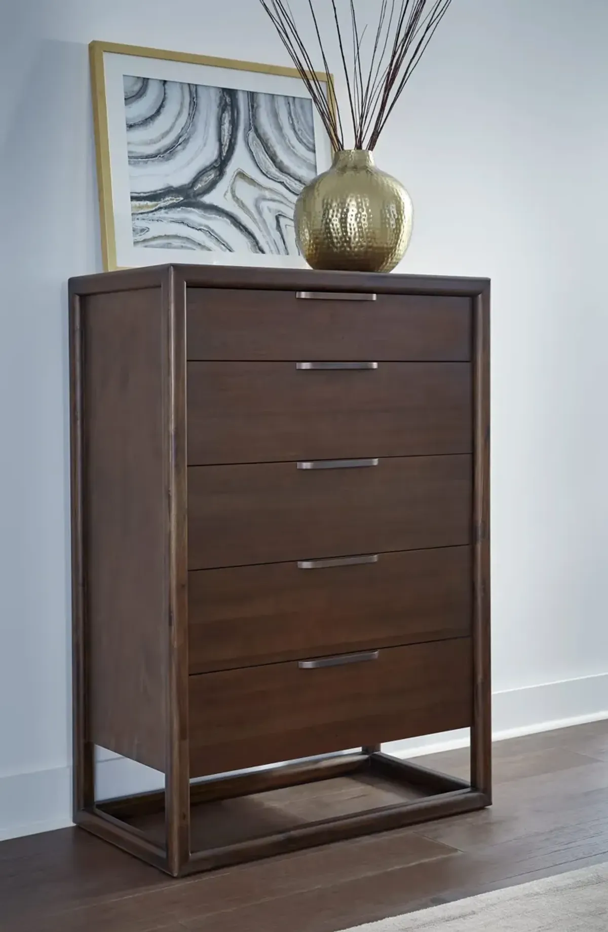Sol Five Drawer Acacia Wood Chest in Brown Spice