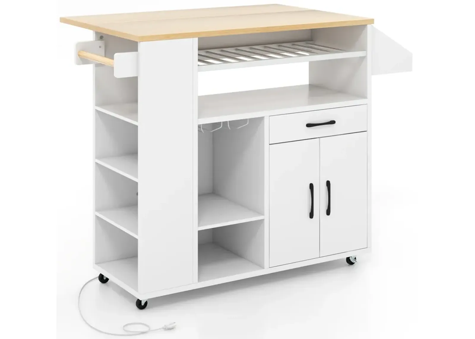 Rolling Kitchen Island Cart with Power Outlet for Dining Room-White and Natural