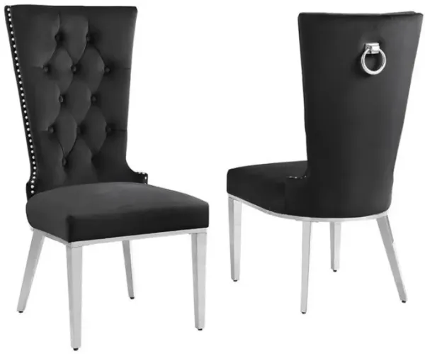 Black velvet side chair with silver stainless steel base - Set of 2