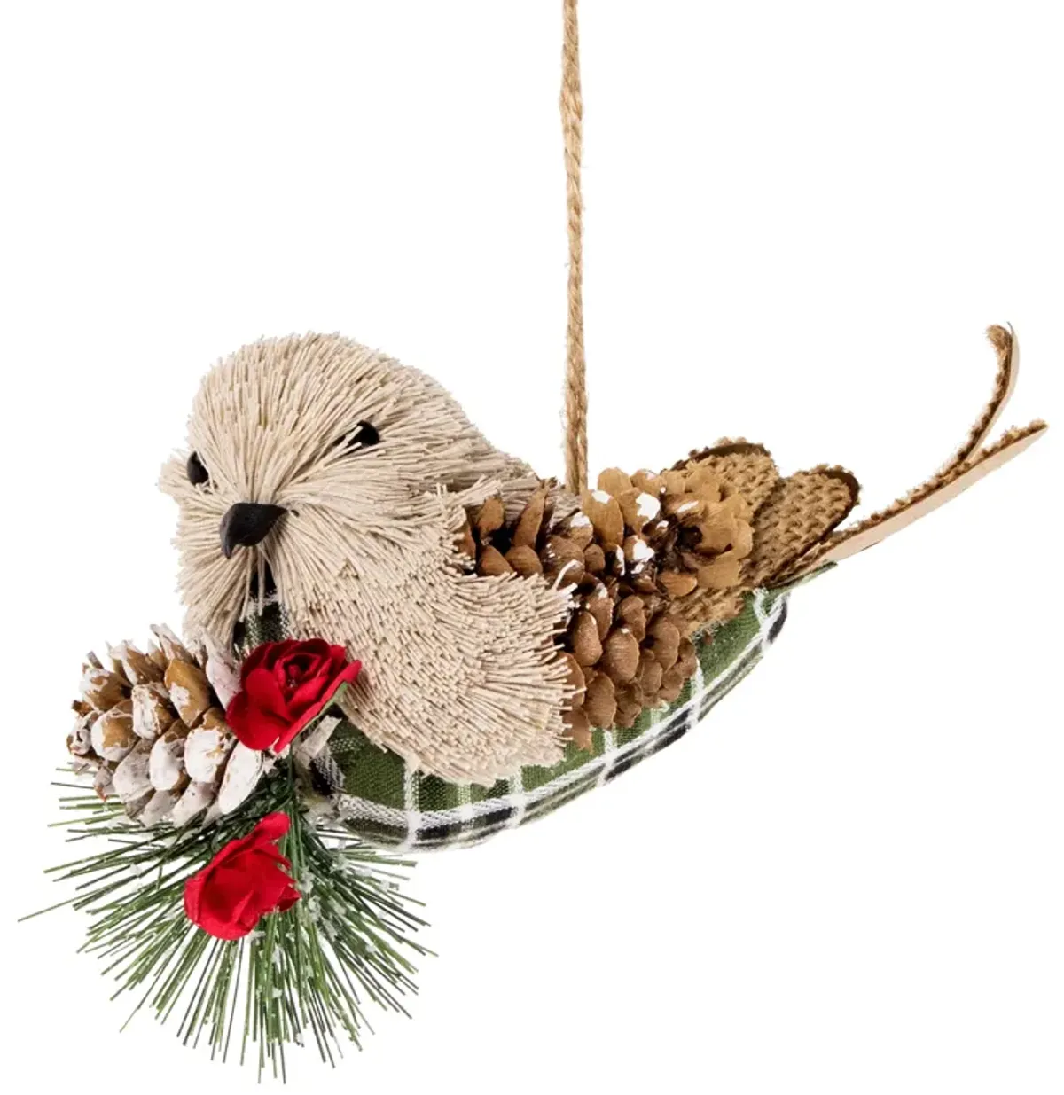 6.75" Left Facing Plaid Bird and Frosted Pine Needle Hanging Christmas Ornament