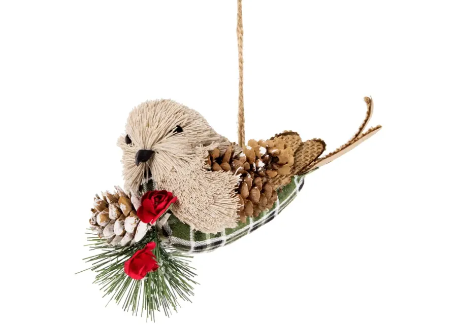 6.75" Left Facing Plaid Bird and Frosted Pine Needle Hanging Christmas Ornament