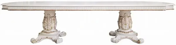 Antoine Dining Table, Carved Double Pedestal, 94-136 Inch, Pearl White - Benzara