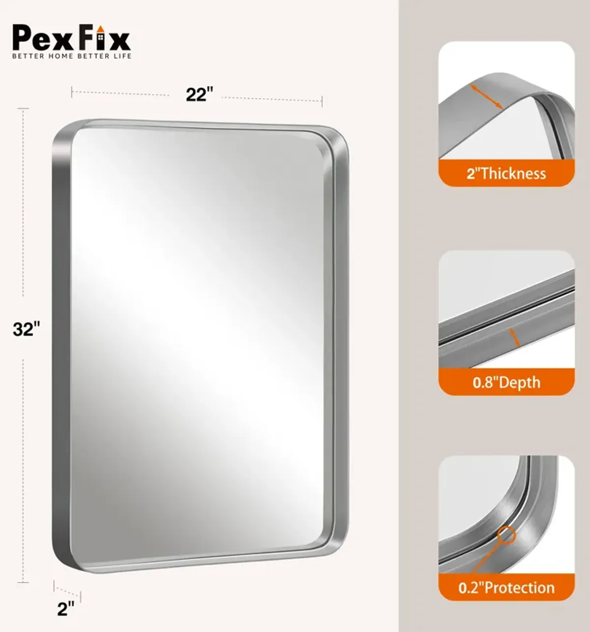 32*22 Morden Rectangle Alloy Aluminium  Framed Silver Wall-Mounted Vanity Mirror