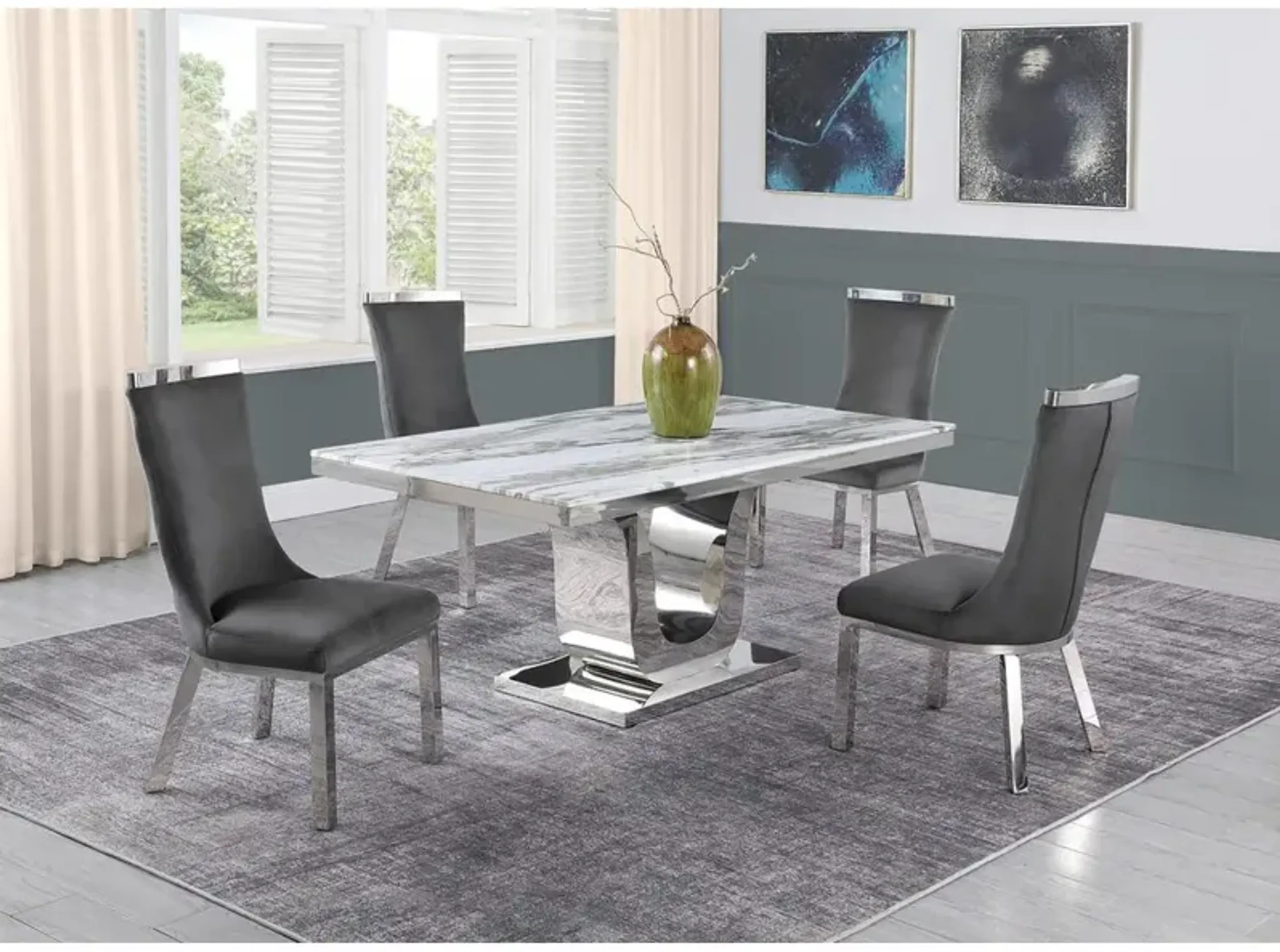 5pc Dining Set Rectangle Marble Table With A U Shape Base And 4 Side ...