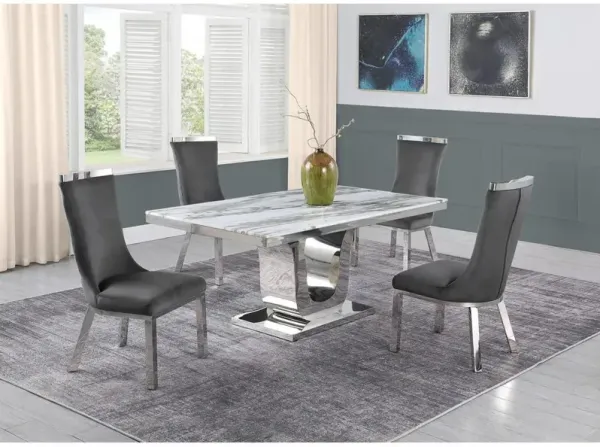 5pc dining set- Rectangle Marble table with a U shape base and 4 side chairs in Dark Grey Velvet