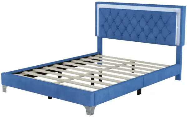 3-Pieces Bedroom Sets, Queen Size Upholstered Platform Bed With LED Lights And Two Nightstands-Blue