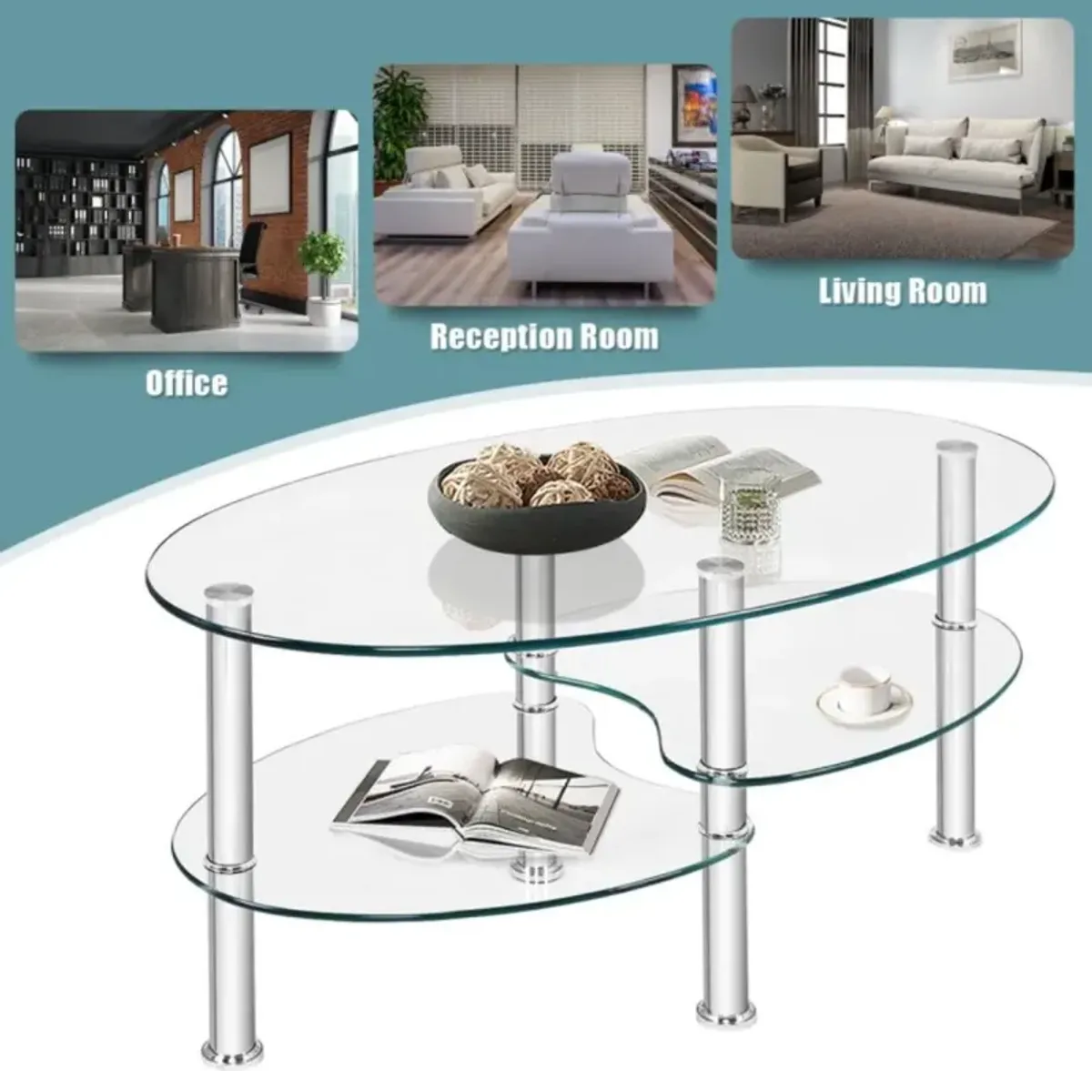 Hivvago Tempered Glass Oval Side Coffee Table