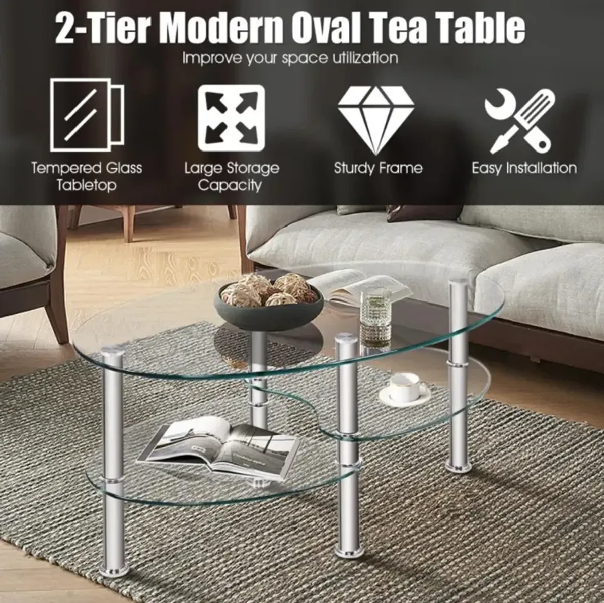 Hivvago Tempered Glass Oval Side Coffee Table