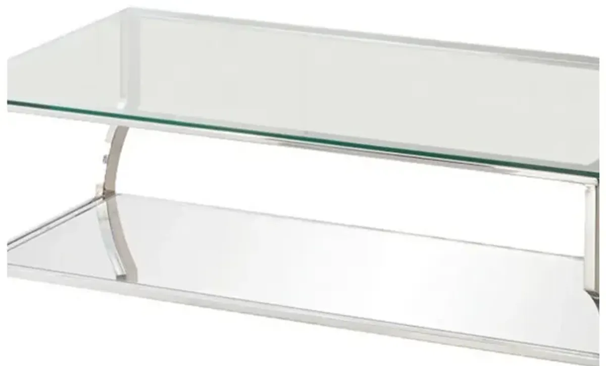 Glass Top Coffee Table with Metal Frame and Mirror Shelf, Chrome - Benzara