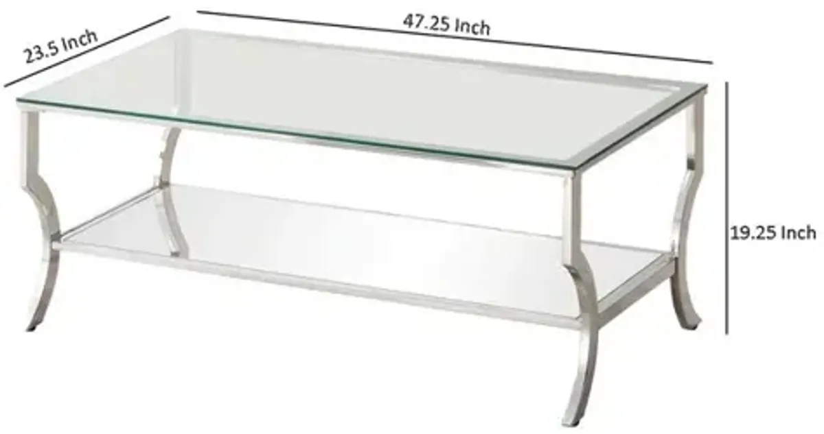 Glass Top Coffee Table with Metal Frame and Mirror Shelf, Chrome - Benzara