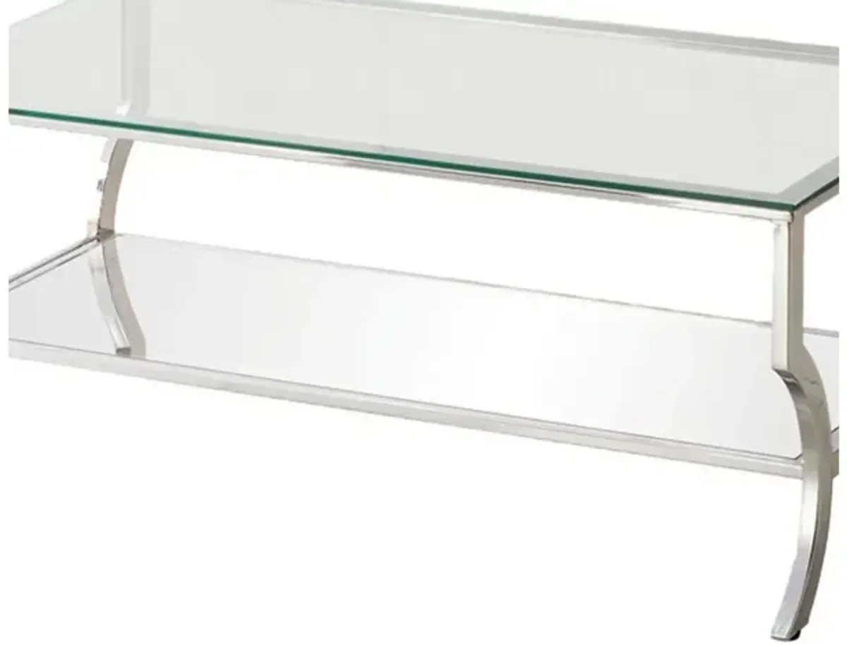 Glass Top Coffee Table with Metal Frame and Mirror Shelf, Chrome - Benzara