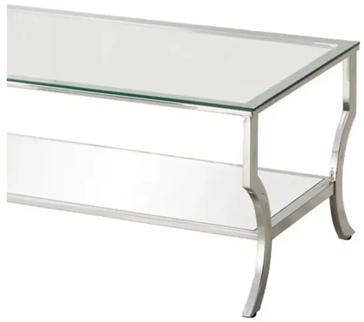 Glass Top Coffee Table with Metal Frame and Mirror Shelf, Chrome - Benzara