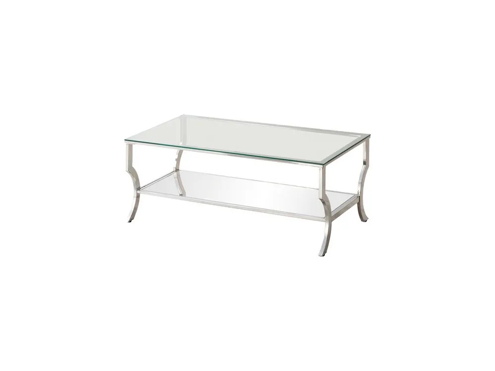 Glass Top Coffee Table with Metal Frame and Mirror Shelf, Chrome - Benzara