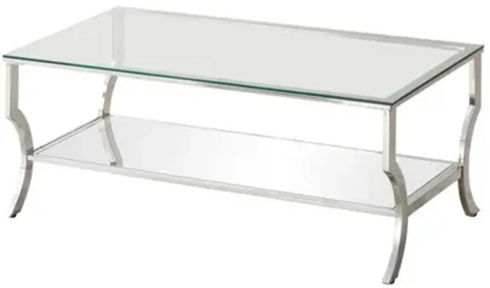 Glass Top Coffee Table with Metal Frame and Mirror Shelf, Chrome - Benzara