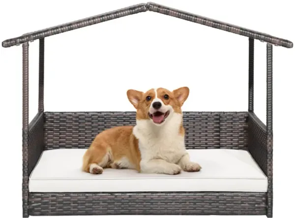 Weather-Resistant Outdoor Dog House with Canopy and Cushioned Rattan Bed