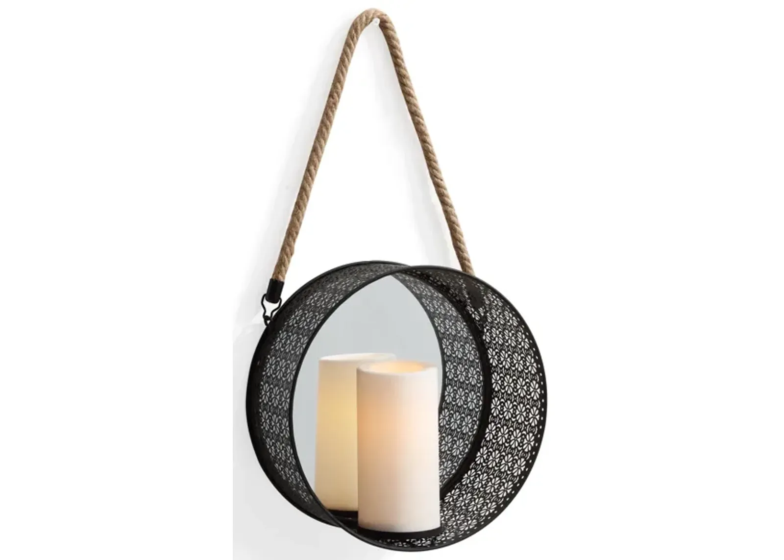 Round Mirror Pillar Candle Sconce with Filigree Metal Frame and Hanging Rope