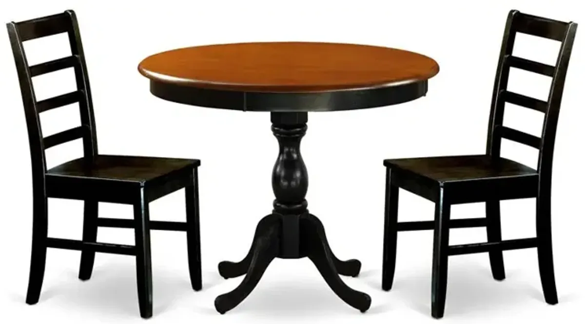 East West Furniture 3-Piece Mid Century Modern Dining Set Include a Wooden Table and 2 Modern Dining Chairs with Ladder Back - Black Finish