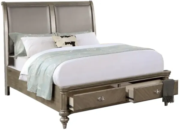 Ella Modern Queen Bed, Faux Leather Upholstery, 2 Storage Drawers, Gold - Benzara