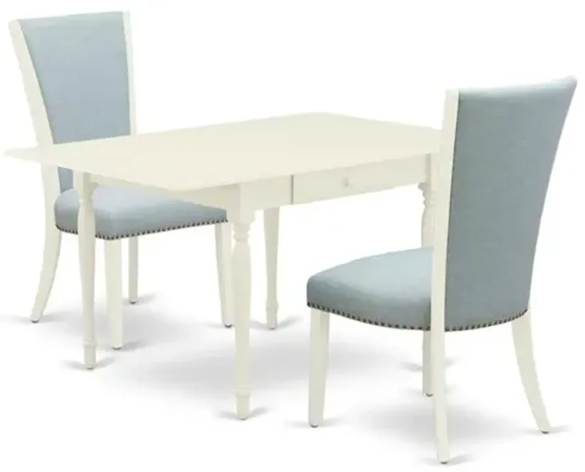 East-West Furniture MZVE3-LWH-15 - A dinette set of two wonderful indoor dining chairs with Linen Fabric Baby Blue color and a fantastic drop leaf rectangle kitchen table with Linen White color
