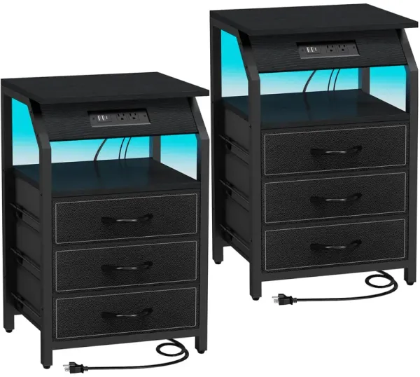 SZLHANJZ End Tables Set of 2, Nightstands with Charging Station and LED Lights, 3 Drawers Fabric Dressers, Storage Side Tables f