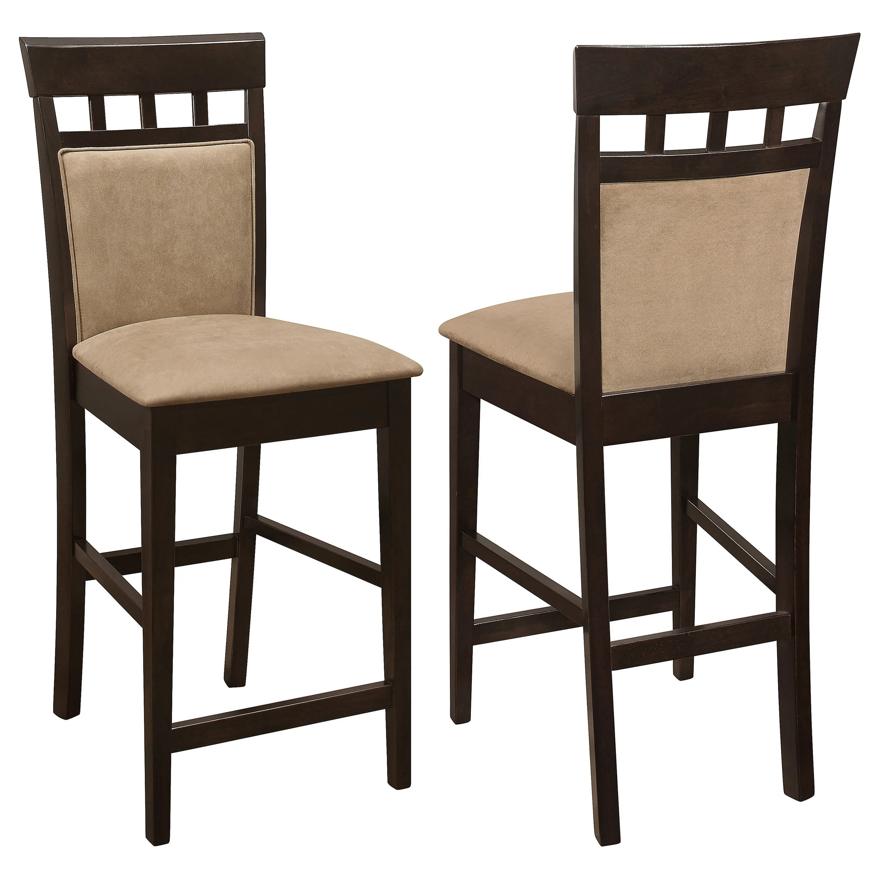 Upholstered Panel Back Counter Height Stool with Fabric Seat, Brown & Beige, Set of 2 - Benzara