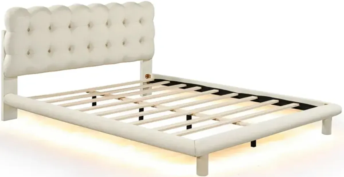 Queen Size Velvet Platform Bed With LED Frame, Thick Soft Fabric And Buttontufted Design Headboard