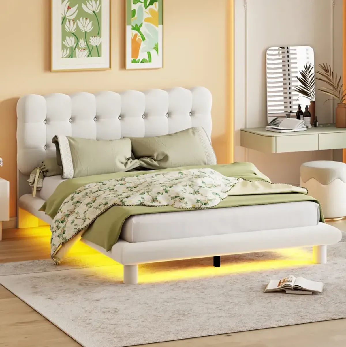 Queen Size Velvet Platform Bed With LED Frame, Thick Soft Fabric And Buttontufted Design Headboard