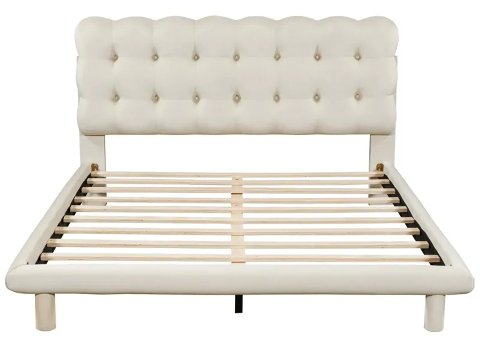 Queen Size Velvet Platform Bed With LED Frame, Thick Soft Fabric And Buttontufted Design Headboard