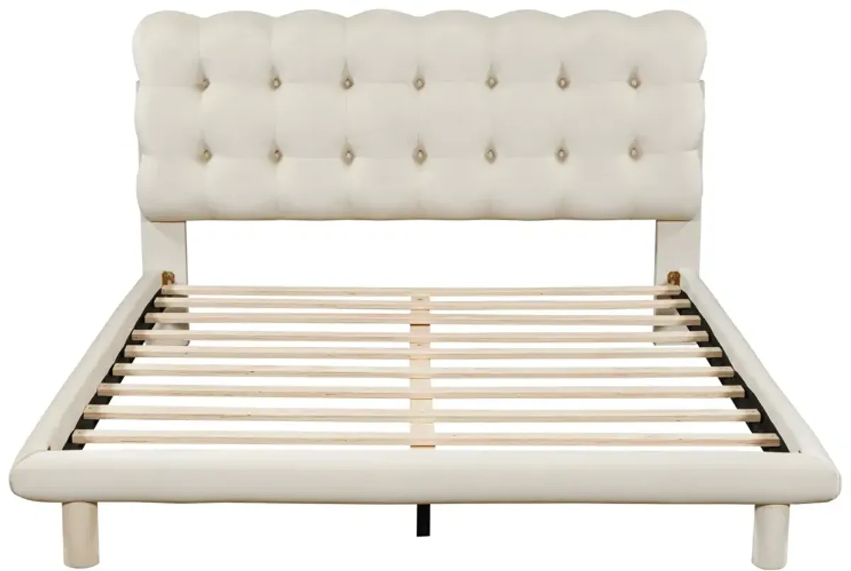 Queen Size Velvet Platform Bed With LED Frame, Thick Soft Fabric And Buttontufted Design Headboard