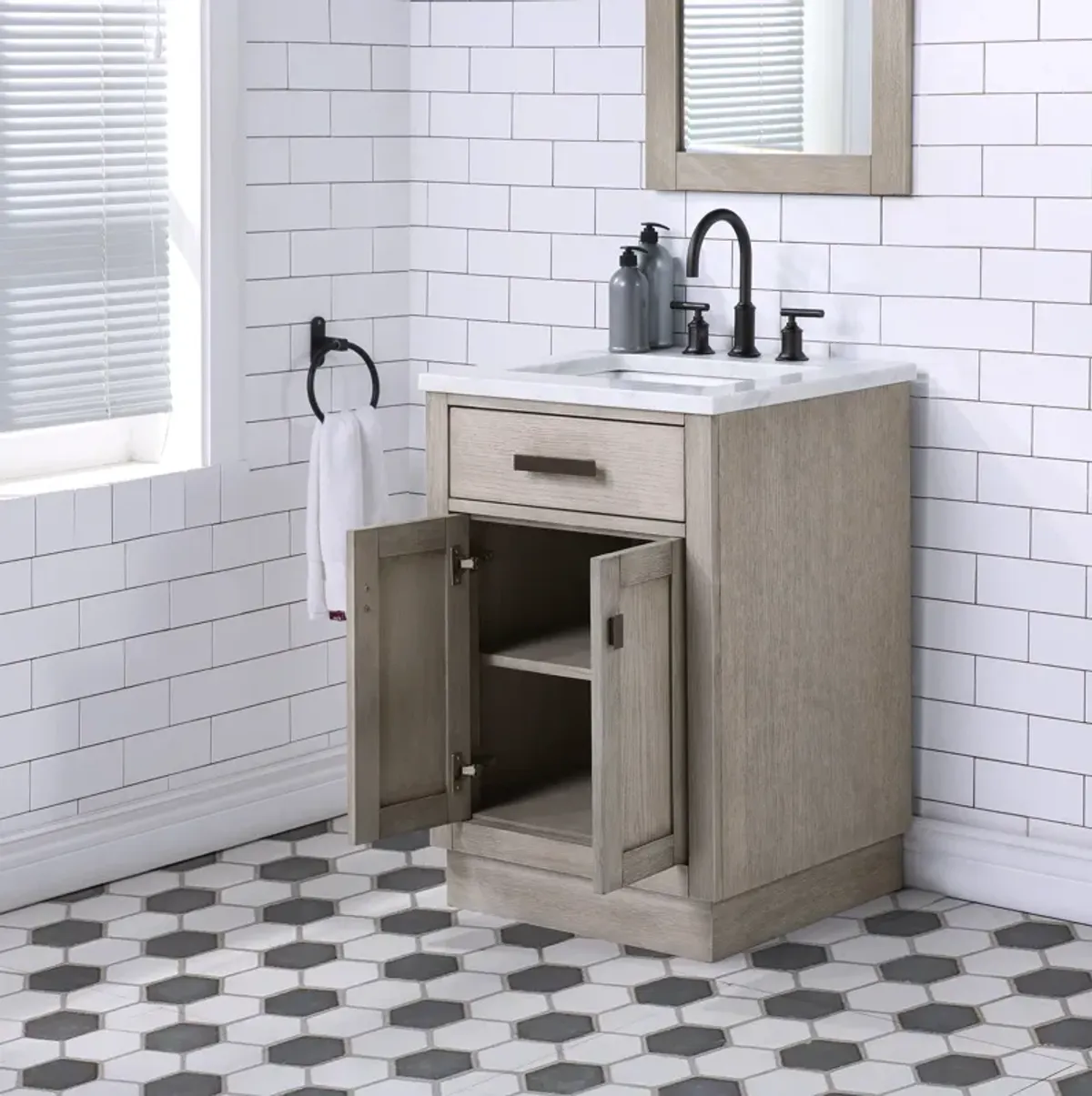 Chestnut 24 In. Single Sink Carrara White Marble Countertop Bath Vanity In Grey Oak with Oil Rubbed Bronze Hardware