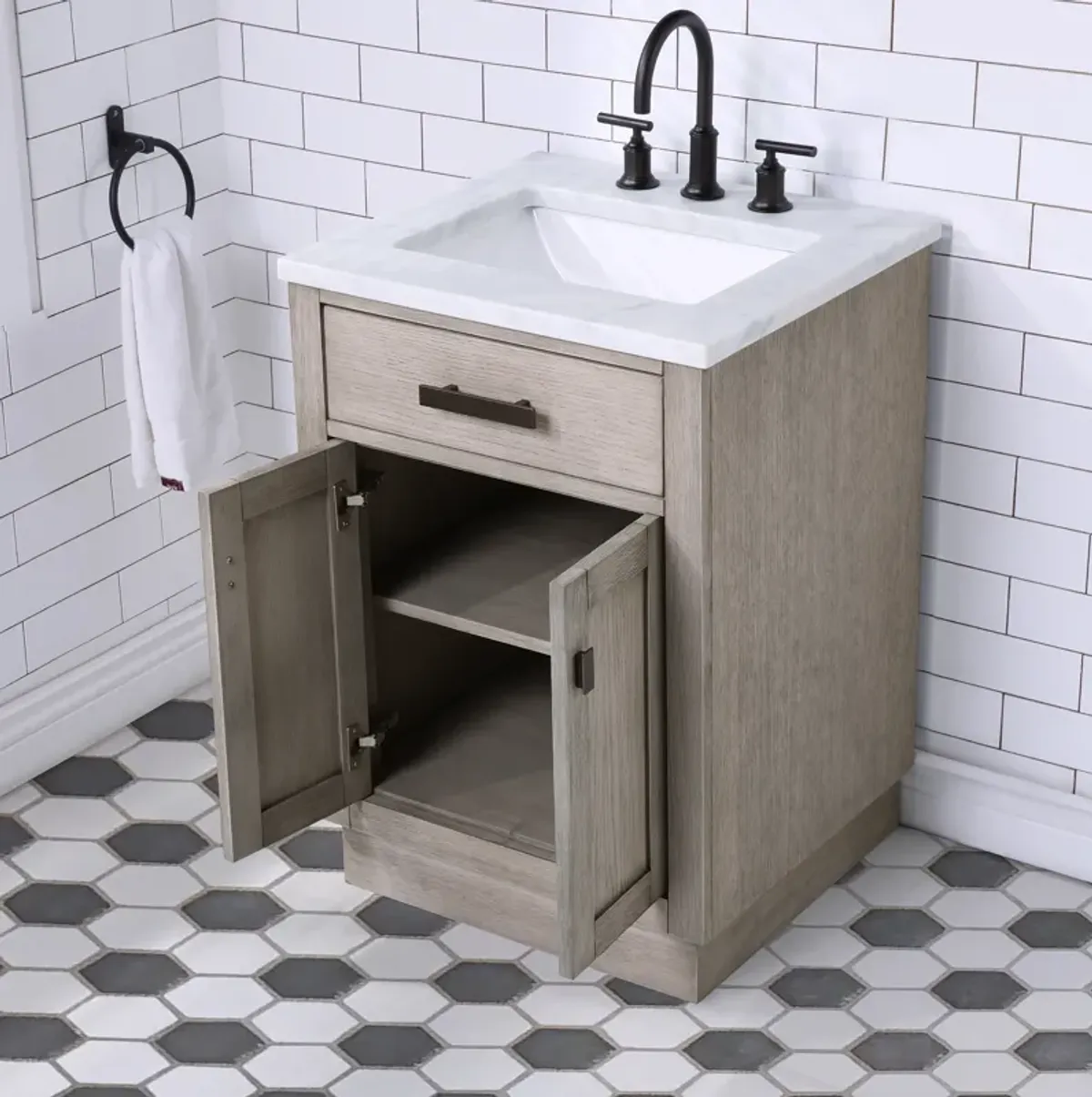 Chestnut 24 In. Single Sink Carrara White Marble Countertop Bath Vanity In Grey Oak with Oil Rubbed Bronze Hardware