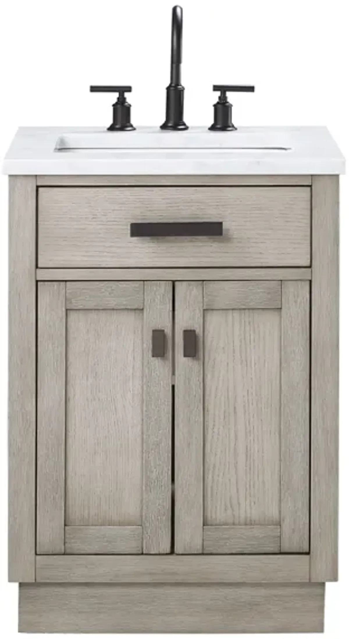 Chestnut 24 In. Single Sink Carrara White Marble Countertop Bath Vanity In Grey Oak with Oil Rubbed Bronze Hardware