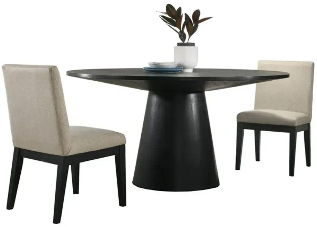 3 Piece Wood Dining Table Set, Padded Backrests, Round Surface, Beige - Benzara