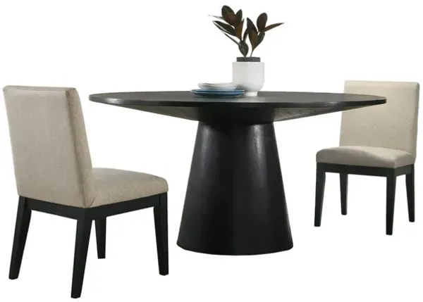 3 Piece Wood Dining Table Set, Padded Backrests, Round Surface, Beige - Benzara