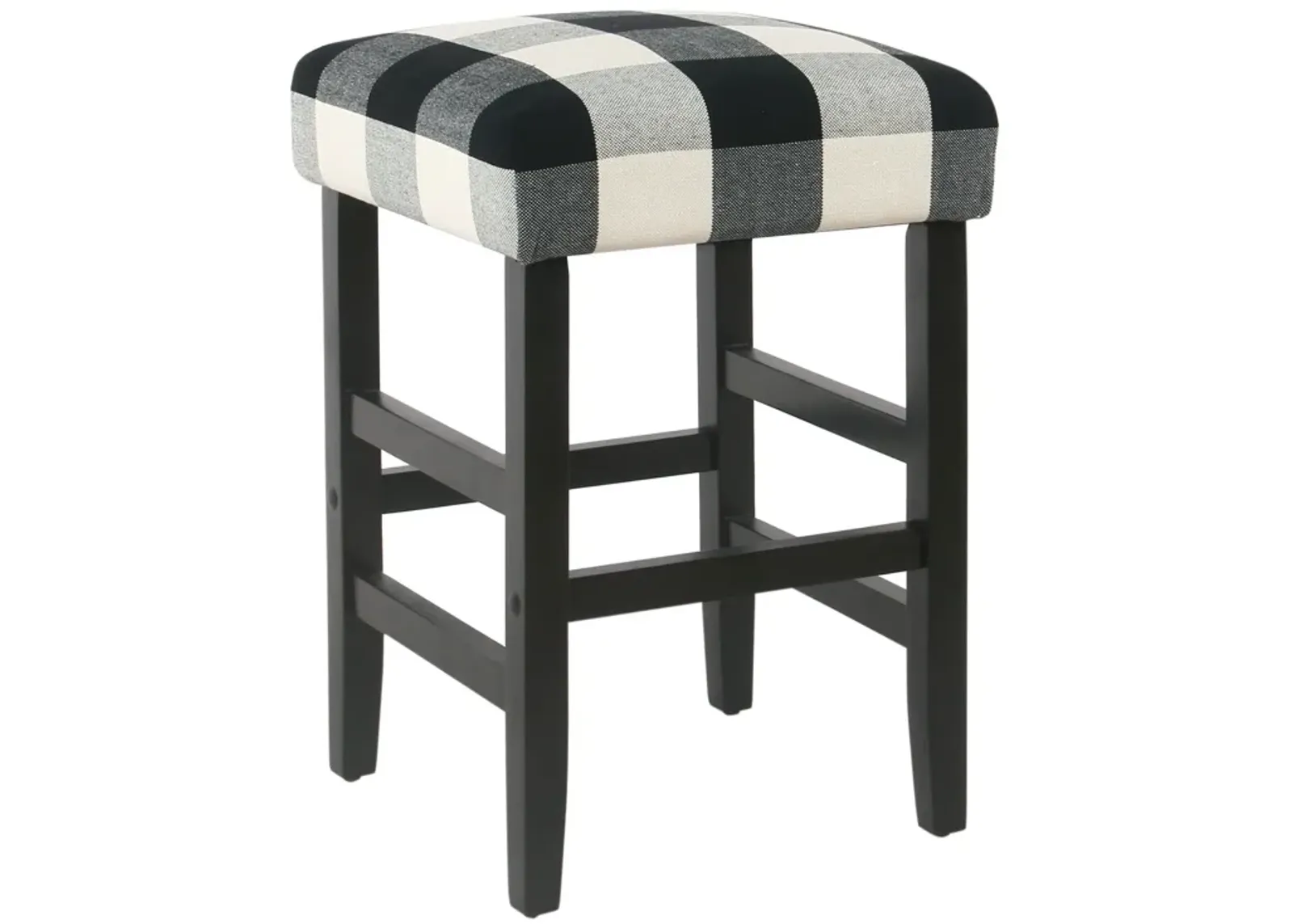 Square Wooden Counter Stool with Buffalo Plaid Fabric Upholstered Seat, Black and White - Benzara