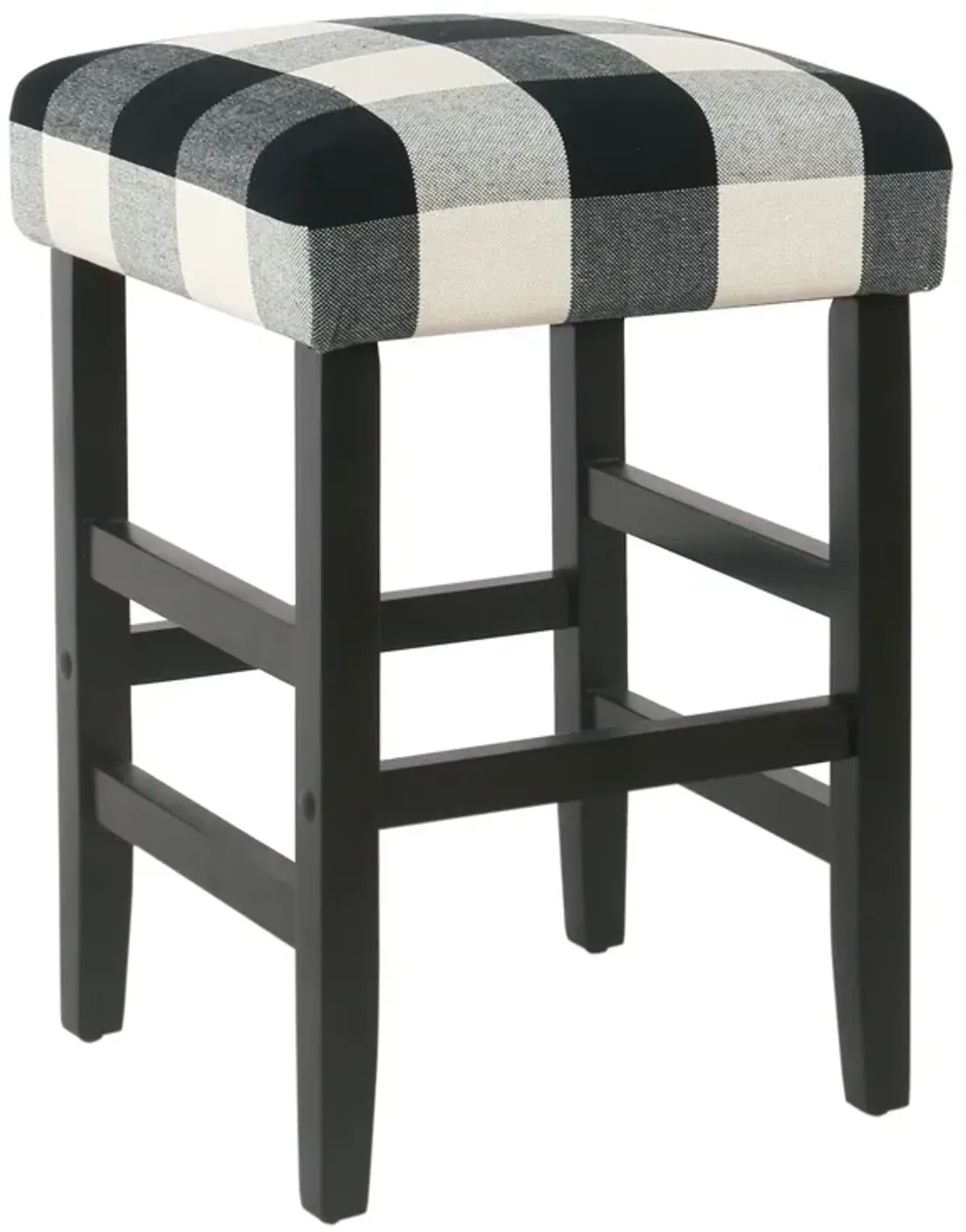 Square Wooden Counter Stool with Buffalo Plaid Fabric Upholstered Seat, Black and White - Benzara