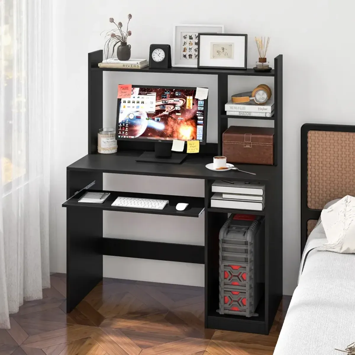 Home Office Computer Desk with Bookcase Keyboard Tray and CPU Stand